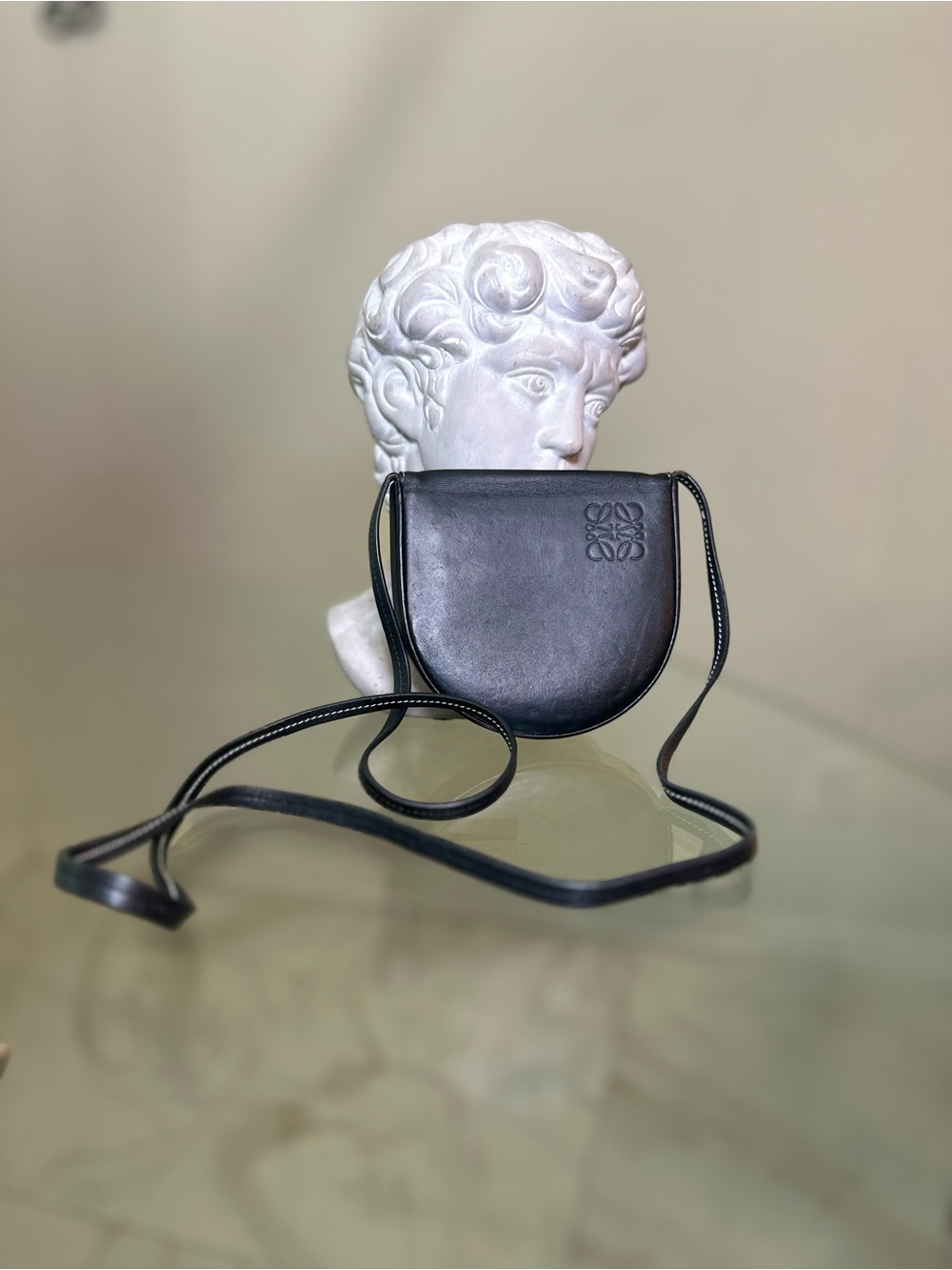 Loewe Black Half Moon Leather Crossbody with Embossed Anagram